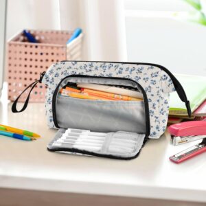 Fisyme Floral Blue Flowers Pencil Case Large Capacity Pencil Pouch Pen Bags Box Big Makeup Pencil Case Organizer