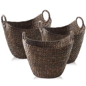 casafield set of 3 multipurpose boat baskets with handles - espresso, woven water hyacinth storage organizers for throw blankets, bedroom, living room, laundry