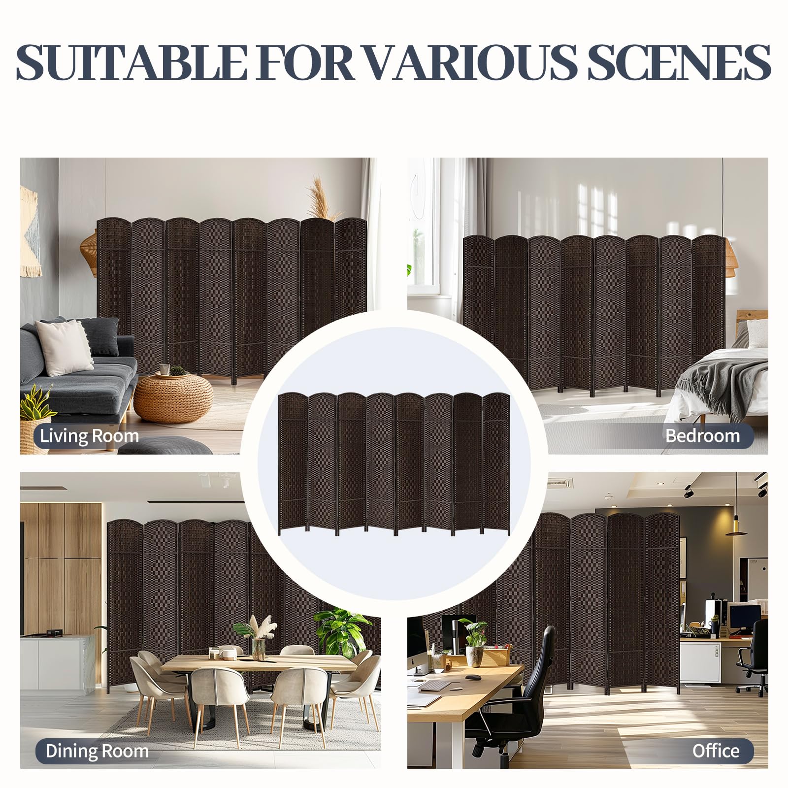 HALLYBEE Room Divider, Room Dividers and Folding Privacy Screens Privacy Screen, Divider for Room Separation Partition Room Dividers, 16" Folding Panel Screen 6FT Room Divider Wall 8 Panel, Dark Mocha