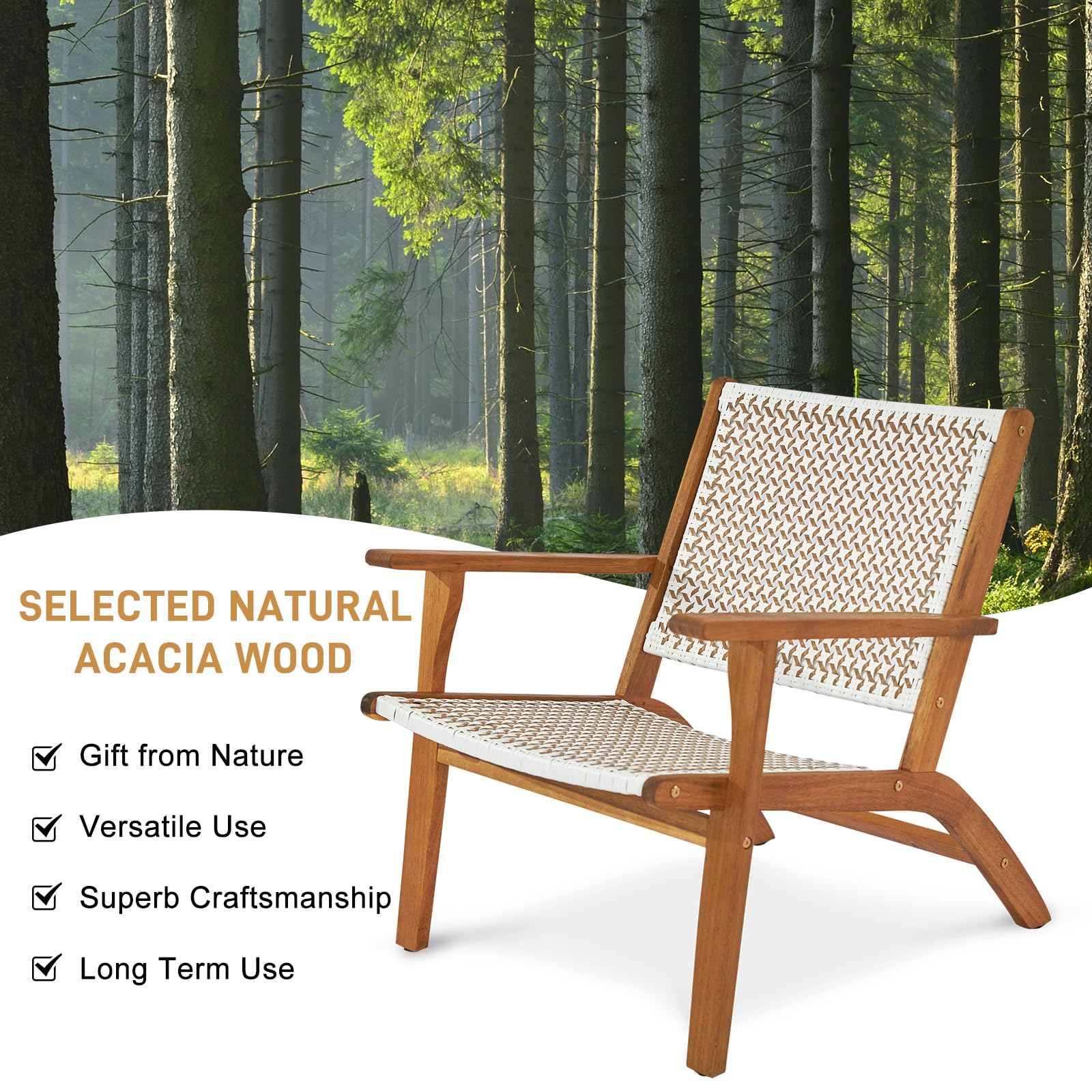 VINGLI Outdoor Lounge Chairs Acacia Wood with Woven Web Seat and Back,Outdoor Reclining Chair for Patio Lawn Garden Backyard Deck (1 Piece)