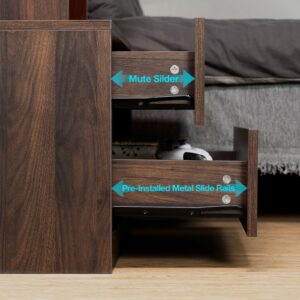 HOMMPA Rustic Nightstand with Wireless Charging Station LED Bedside Table with 2 Drawers End Table with Open Shelf Smart Nightstand USB Night Stand with Led Light for Bedroom Dark Walnut Wood