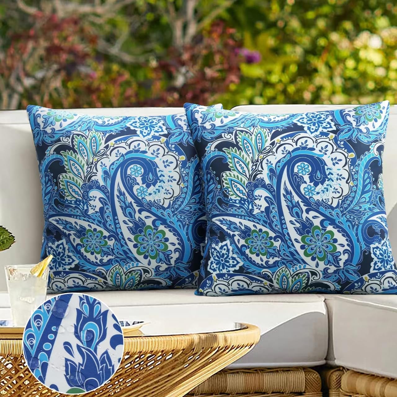 JASEN Outdoor Pillow Covers 18x18 Waterproof Set of 2, Paisley Outside Pillow Covers, Decorative Throw Pillow Cover for Patio Furniture White (No Inserts)