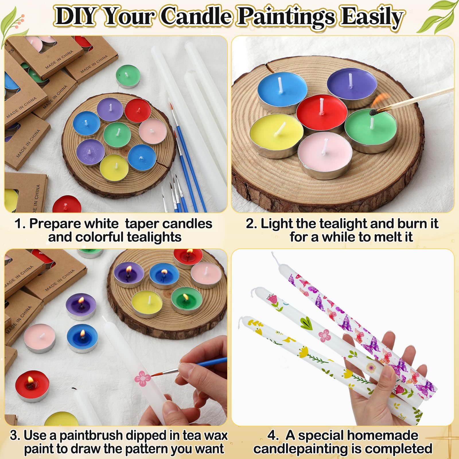 MTLEE 78 Pcs DIY Candle Painting Kit Include 12 White Taper Candles 60 Colored Tealight Candles 6 Paint Brushes for Candles Crafts Birthday Wedding Party Favors (Multi Color)