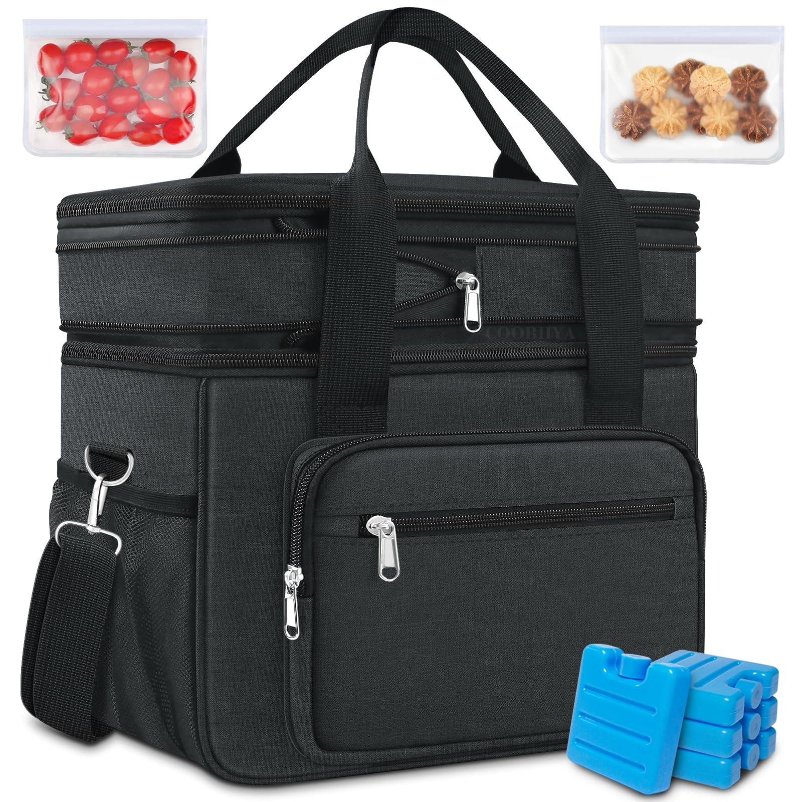 Coobiiya Large Cooler Lunch Box for Men, 23L Expandable Insulated Lunch Bag for Work/Adult with 4 Ice Packs&2 Snack Bags,Double Deck Leakproof Heavy Duty Cooler bags for Women/Travel/Picnic - Black