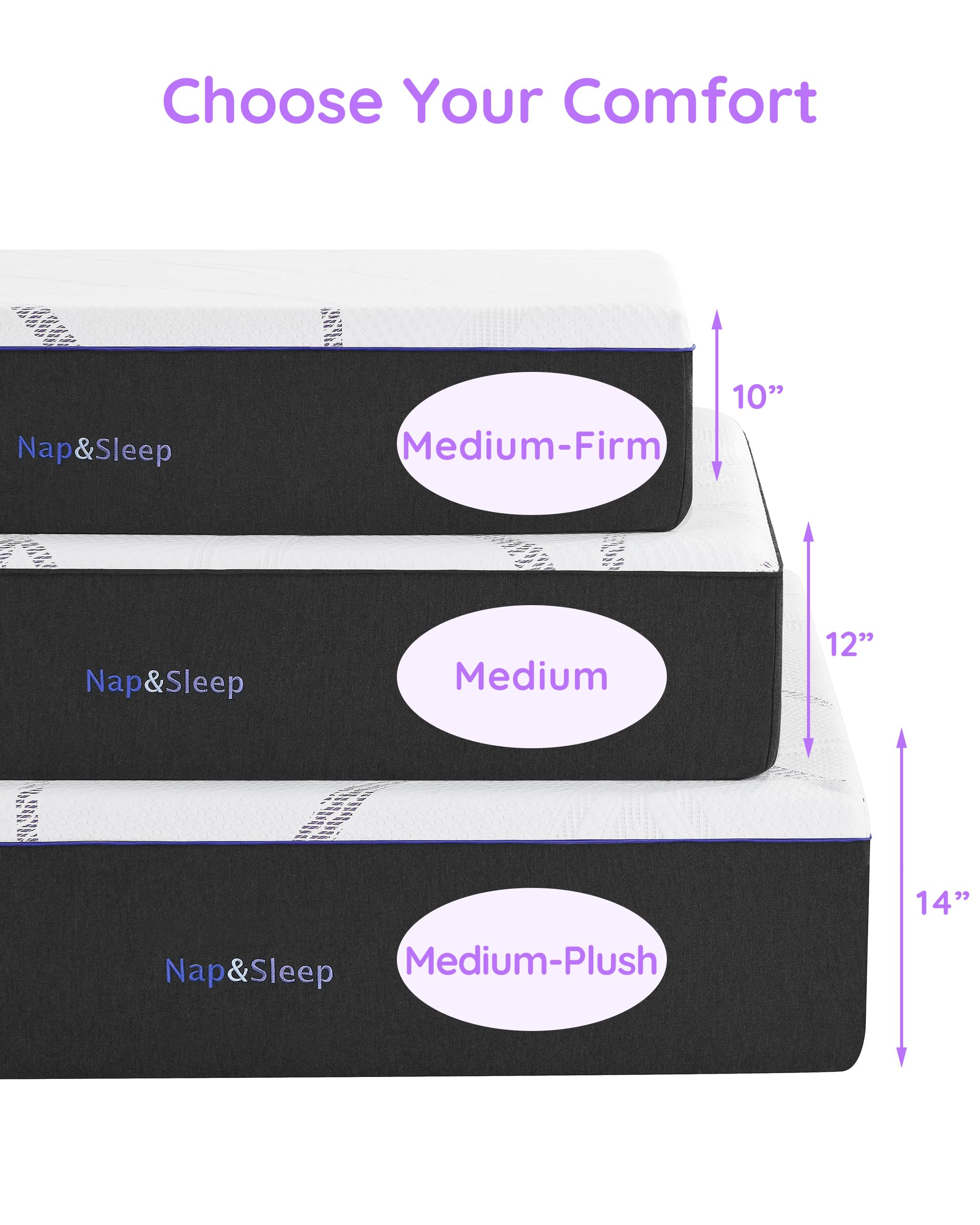 NAP&SLEEP Memory Foam Mattress - Lavender Infused with Cold Touch Cover, Medium Firm to Plush Feel, Helps with Sleep - Sizes Full, Queen, King, 10", 12", 14" (12" Medium, King (U.S. Standard))