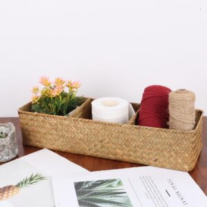 Moosky Shelf Baskets with Dividers, Seagrass Storage Baskets Rectangular Wicker Woven Back of Toilet Basket for Home Organizer (Natural)