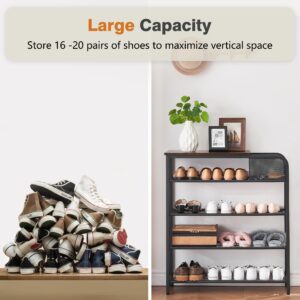 coucheta Shoe Rack for Entryway, 5 Tier Shoe Storage Rack for 12-16 Pairs of Shoes, Shoe Rack Adjustable Shoe Organizer with Sturdy Wooden Top and Mesh Storage Basket, Industrial Style, Rustic Brown