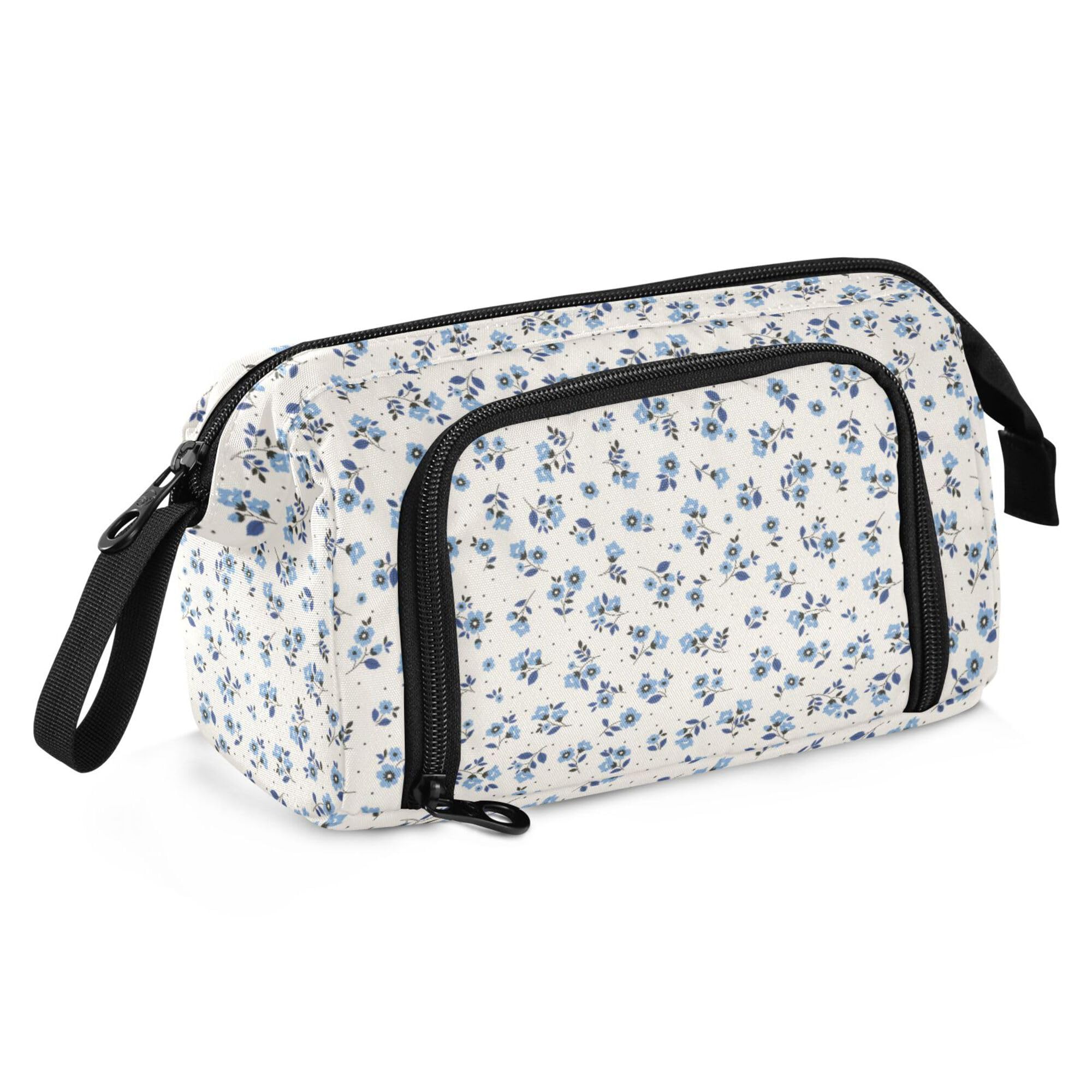 Fisyme Floral Blue Flowers Pencil Case Large Capacity Pencil Pouch Pen Bags Box Big Makeup Pencil Case Organizer