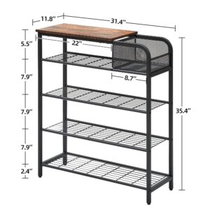 coucheta Shoe Rack for Entryway, 5 Tier Shoe Storage Rack for 12-16 Pairs of Shoes, Shoe Rack Adjustable Shoe Organizer with Sturdy Wooden Top and Mesh Storage Basket, Industrial Style, Rustic Brown