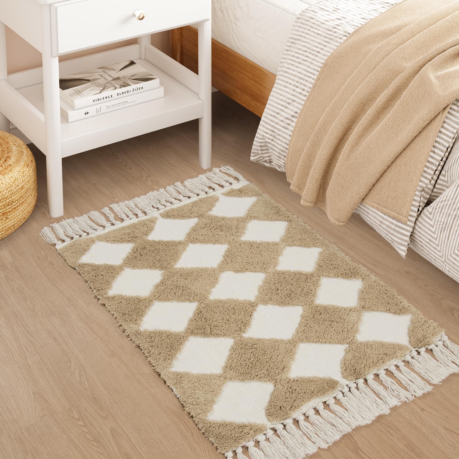 Collive Checkered Boho Bathroom Rugs, 2x3 Small Cute Throw Rug for Bedroom Modern Washable Bath Mats Cotton Woven Tufted Rug, Farmhouse Entryway for Kitchen Laundry Entrance Decor, Khaki