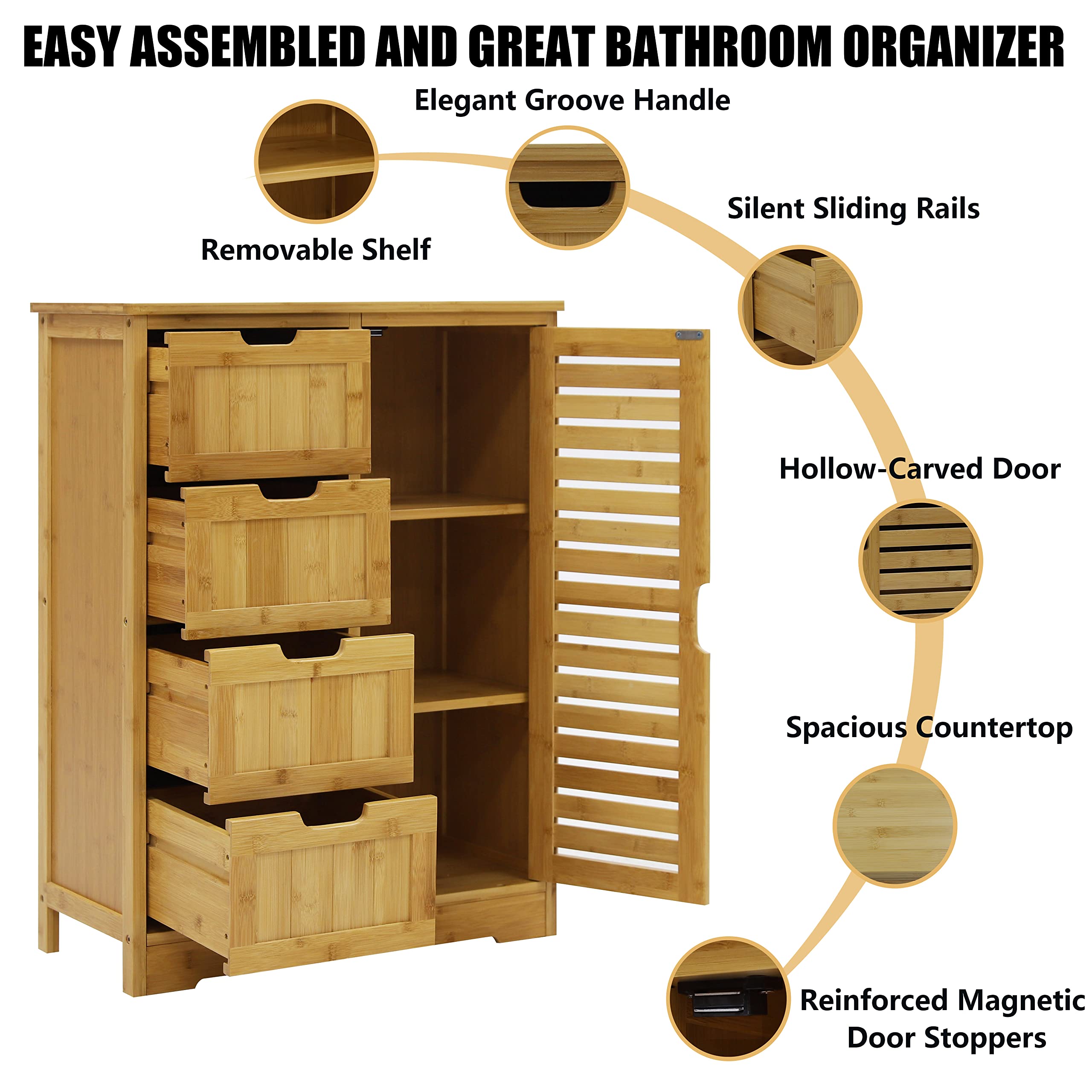 Yardenaler Bamboo Bathroom Storage Cabinet with 4 Drawers & 2 Removable Shelves, Freestanding Storage Organizer Multifunctional for Living Room, Bedroom, Natural