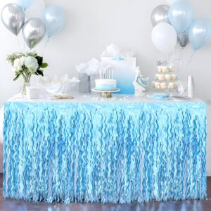 budicool 2 pack teal blue shiny wavy tinsel foil fringe table skirts table decorations for mermaid birthday decorations,under the sea party decorations,baby shark birthday decorations