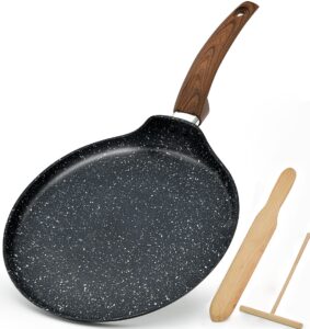 crepe pan nonstick with spreader spatula, 11'' granite stone coating dosa tawa pan, flat skillet grill for tortilla, omelette, pancake induction bottom glass, ceramic, gas stove top, wooden handle