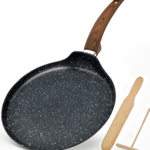 Crepe Pan Nonstick with Spreader Spatula, 11'' Granite Stone Coating Dosa Tawa Pan, Flat Skillet Grill for Tortilla, Omelette, Pancake Induction Bottom Glass, Ceramic, Gas Stove Top, Wooden Handle