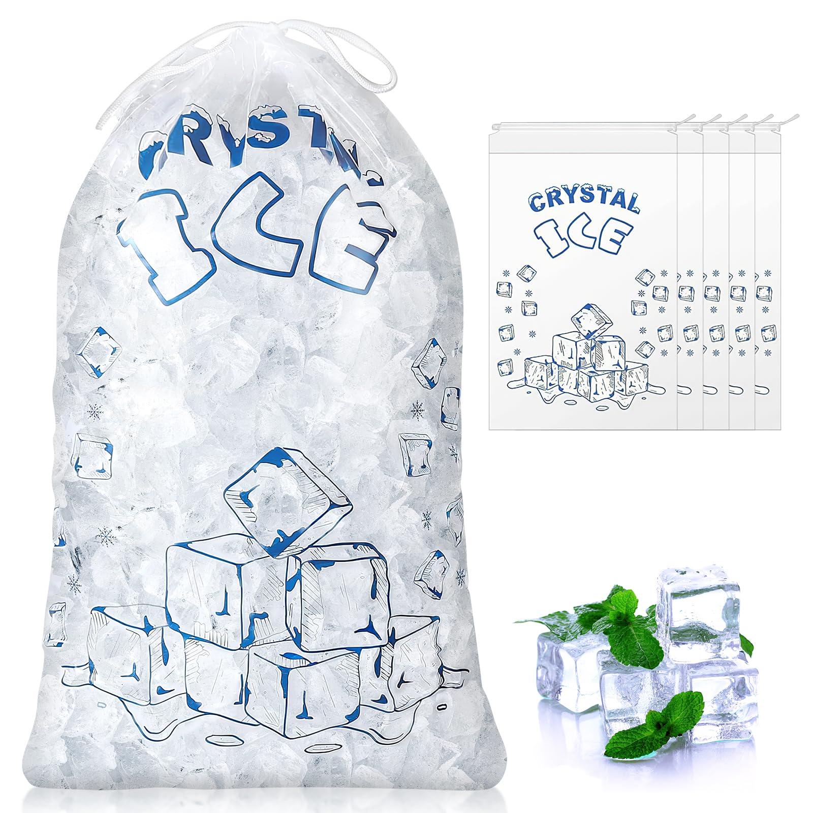 Ice Maker Ice Bags, 5 Pack Clear Plastic Ice Bags with Drawstring Closure, 8 lbs Capacity, Perfect for Filling Ice Buckets, Ice Storage, and Transporting Ice