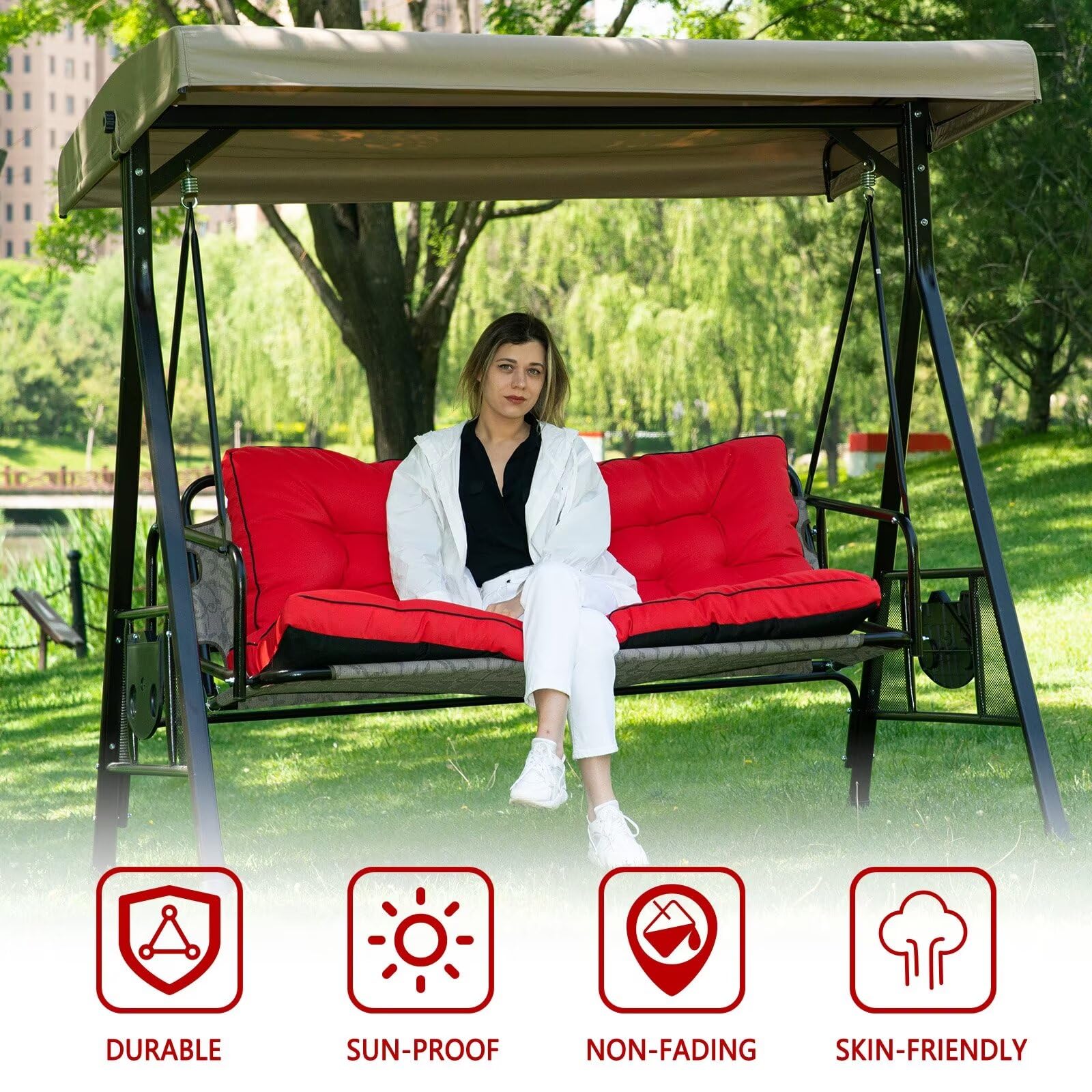 Outdoor Swing Cushions, 3 Seat Porch Swing Cushion Replacement with Backrest, Swing Cushions for Outdoor Furniture, for Patio,Backyard,Porch Garden Bench Cushion(Red 55 * 40 in)