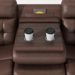 Gahowlen Genuine Leather Manual Reclining Sofa, 3-Seater Couch with Drop Down Table, Cup Holders & Magazine Bag, 3-Seat Dual Recliner Chair for Living Room Home Theater Office, Brown