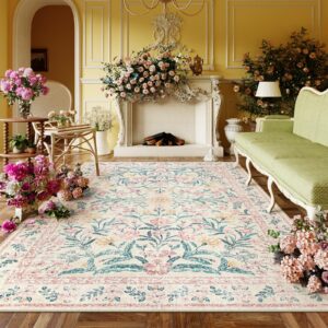 lahome pink boho rugs for living room 5x7, washable area rugs for bedroom girls non slip, soft floral low-pile nursery carpet for dining room kids room indoor, pink/multi