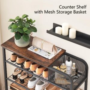 coucheta Shoe Rack for Entryway, 5 Tier Shoe Storage Rack for 12-16 Pairs of Shoes, Shoe Rack Adjustable Shoe Organizer with Sturdy Wooden Top and Mesh Storage Basket, Industrial Style, Rustic Brown