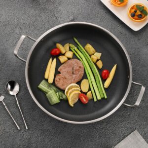 Yeksum Tri-Ply 14.5 Inch Stainless Steel Paella Pan,12 Servings Paella Pan with Lid,18/10 Nonstick Large Skillet,Jumbo Cooker,Induction Pan,Skillets,for Outdoors,Camping,Parties