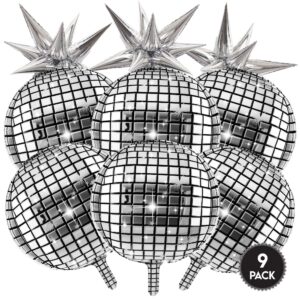 inflatable disco ball balloons pack of 9-22” silver mylar foil disco party balloons with star balloons, ribbon & pipe for new year's disco ball decorations party, bachelorette, birthday décor