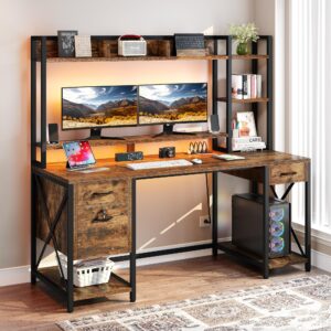 dwvo computer desk with drawers & hutch, 59.1" office desk with power outlets & led lights, home office desk with storage shelves, rustic brown