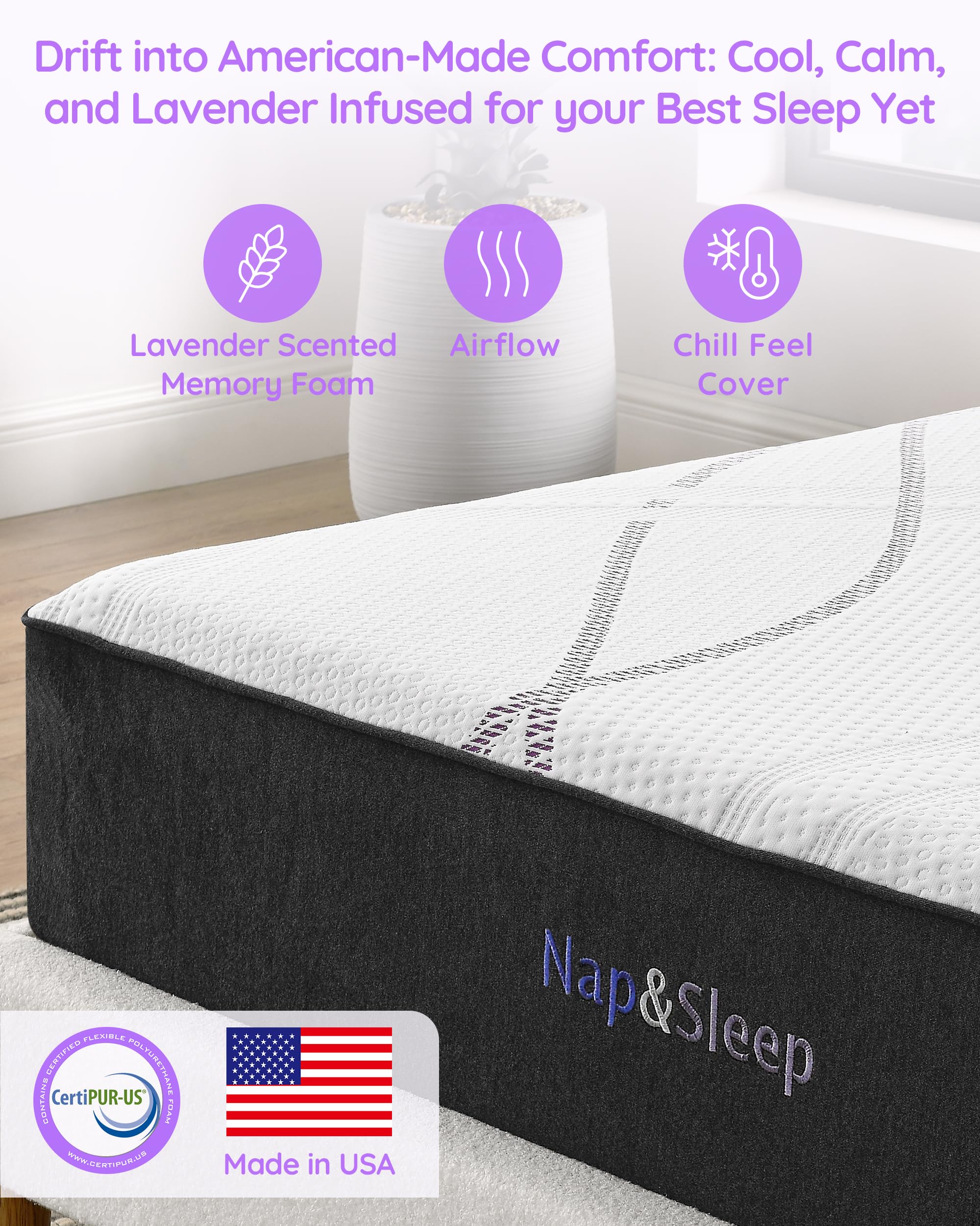 NAP&SLEEP Memory Foam Mattress - Lavender Infused with Cold Touch Cover, Medium Firm to Plush Feel, Helps with Sleep - Sizes Full, Queen, King, 10", 12", 14" (12" Medium, King (U.S. Standard))