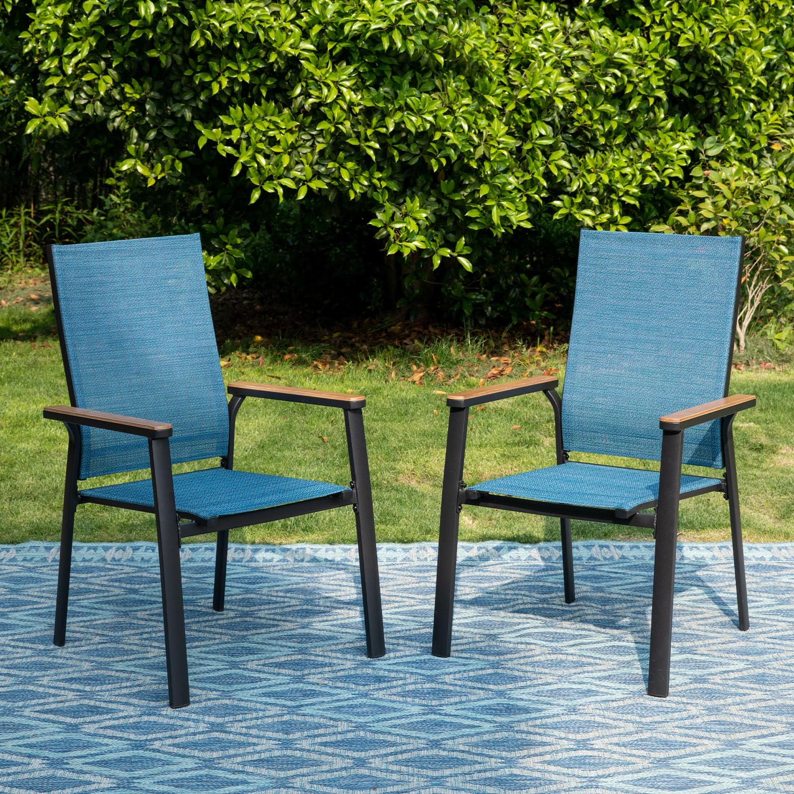 PHI VILLA Outdoor Stackable Dining Chairs Set of 2（Blue,Lightweight Aluminum Frame with Textilene Fabric & Wider Armrest,Easy to Store,Patio Chairs for Garden,Lawn