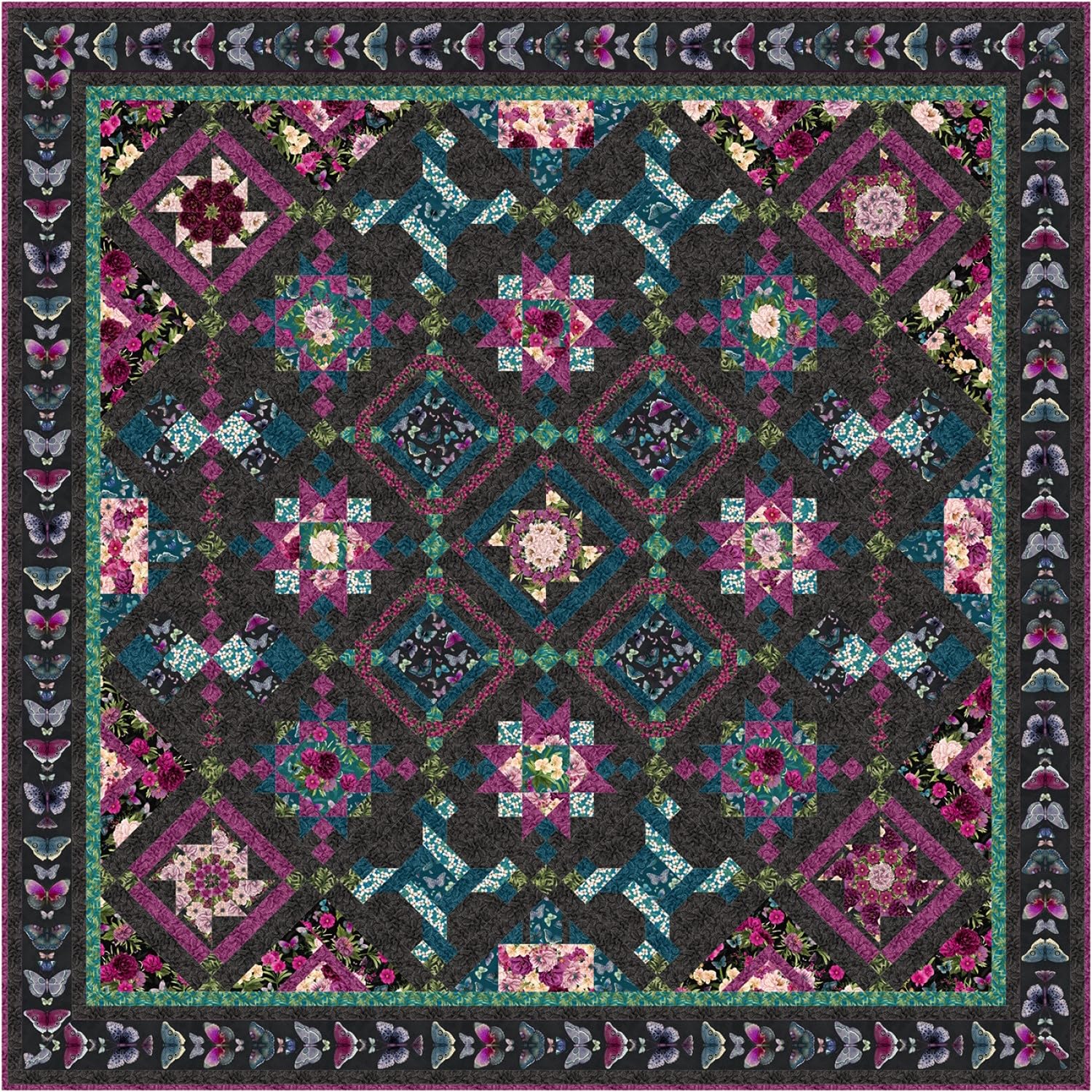 Wilmington Prints Midnight Garden Large Floral Allover, Fabric by The Yard (Black)