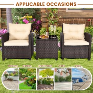 S AFSTAR 3 Pieces Patio Furniture Set, Outdoor Wicker Conversation Set Rattan Chairs with Soft Cushions, Glass Coffee Table, Bistro Set for Front Porch Balcony Garden Deck Poolside, Beige