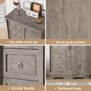 Vabches Dresser for Bedroom, 5 Drawers Dresser Organizer with Sliding Barn Door, 48" Tall Farmhouse Chest of Drawers, Wood Dresser for Hallway, Bedroom, Living Room, Rustic Washed Grey