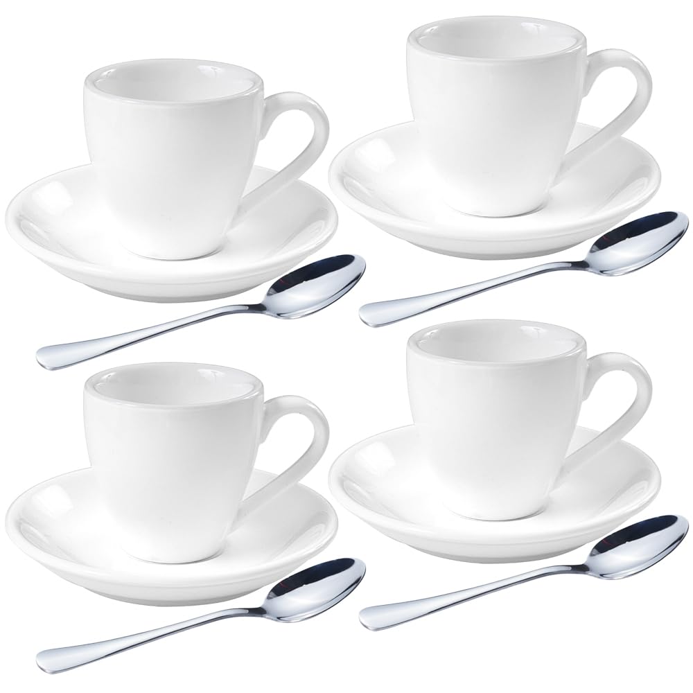 homEdge Porcelain Espresso Cup Set with Saucers and Spoons - 80 ml / 2.67 oz, Set of 4, White