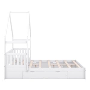 SOFTSEA Queen Size House Bed for Kids, Floor Bed Frame with 2 Storage Drawers, Low Wood Bed Frame with Guardrails and Roof, House Shaped Bed for Kids, White