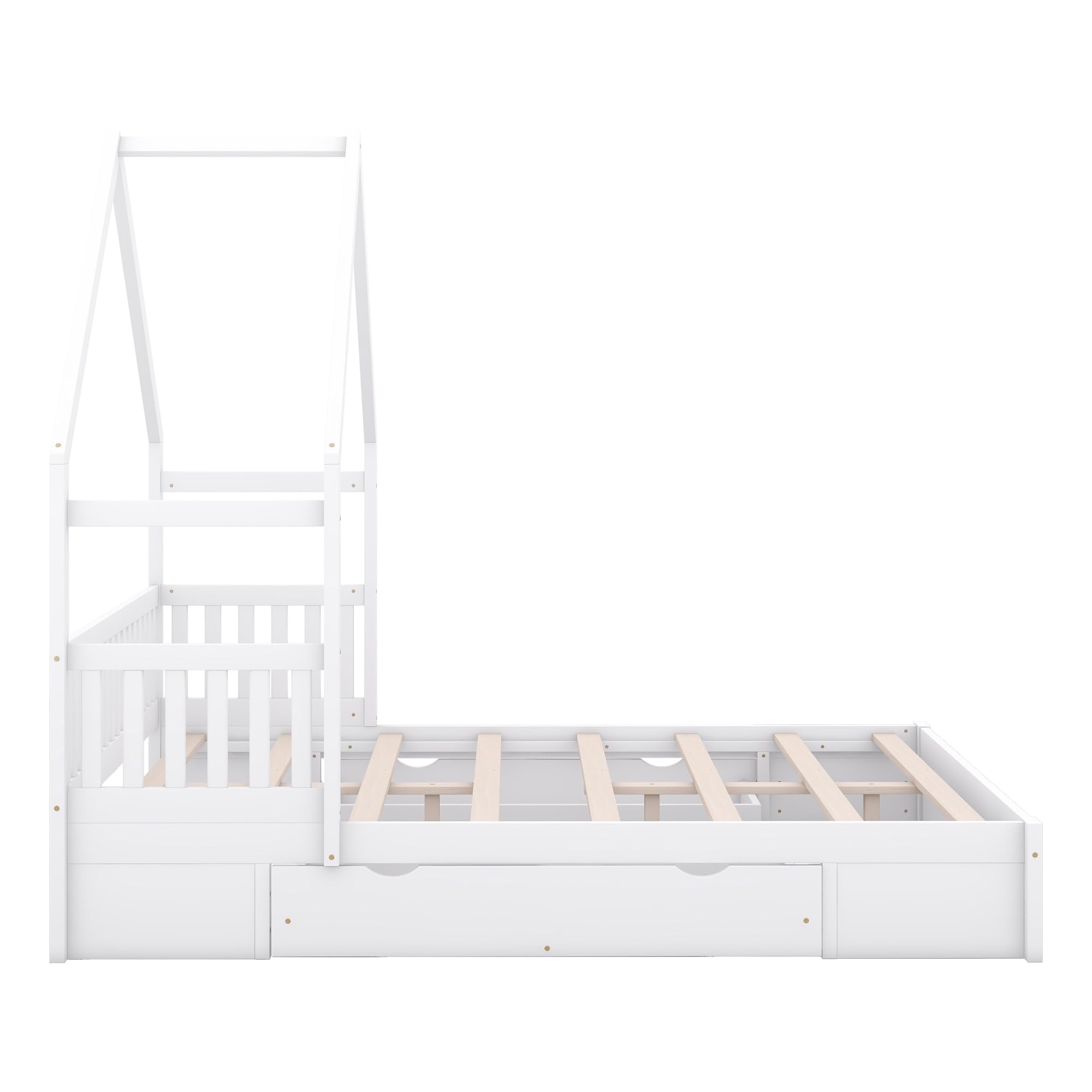 SOFTSEA Queen Size House Bed for Kids, Floor Bed Frame with 2 Storage Drawers, Low Wood Bed Frame with Guardrails and Roof, House Shaped Bed for Kids, White