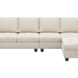 Belffin Velvet Reversible Sectional Sofa with Chasie Convertible L Shaped 4-seat Sectional Couch with Storage Ottoman Beige