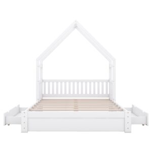 SOFTSEA Queen Size House Bed for Kids, Floor Bed Frame with 2 Storage Drawers, Low Wood Bed Frame with Guardrails and Roof, House Shaped Bed for Kids, White