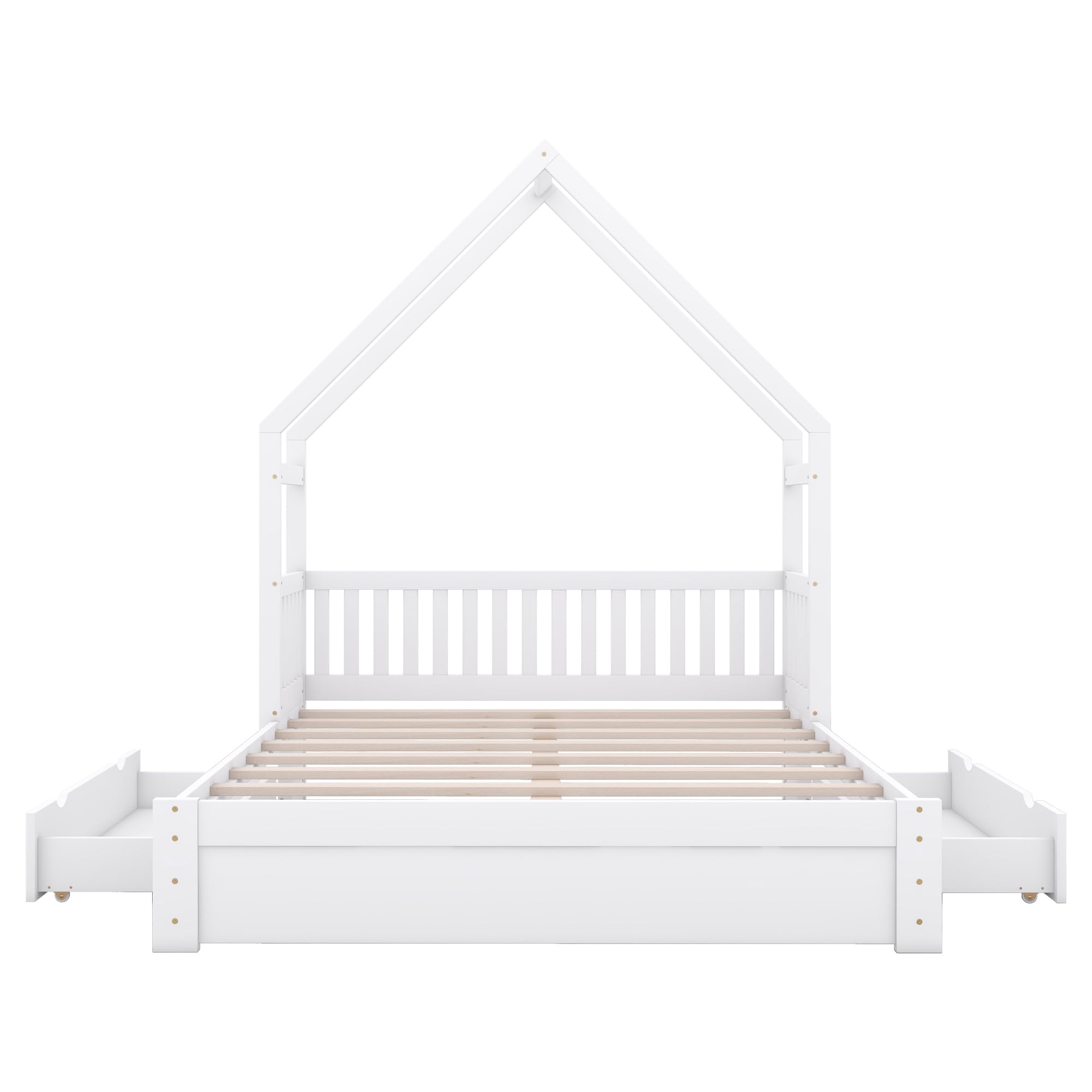 SOFTSEA Queen Size House Bed for Kids, Floor Bed Frame with 2 Storage Drawers, Low Wood Bed Frame with Guardrails and Roof, House Shaped Bed for Kids, White