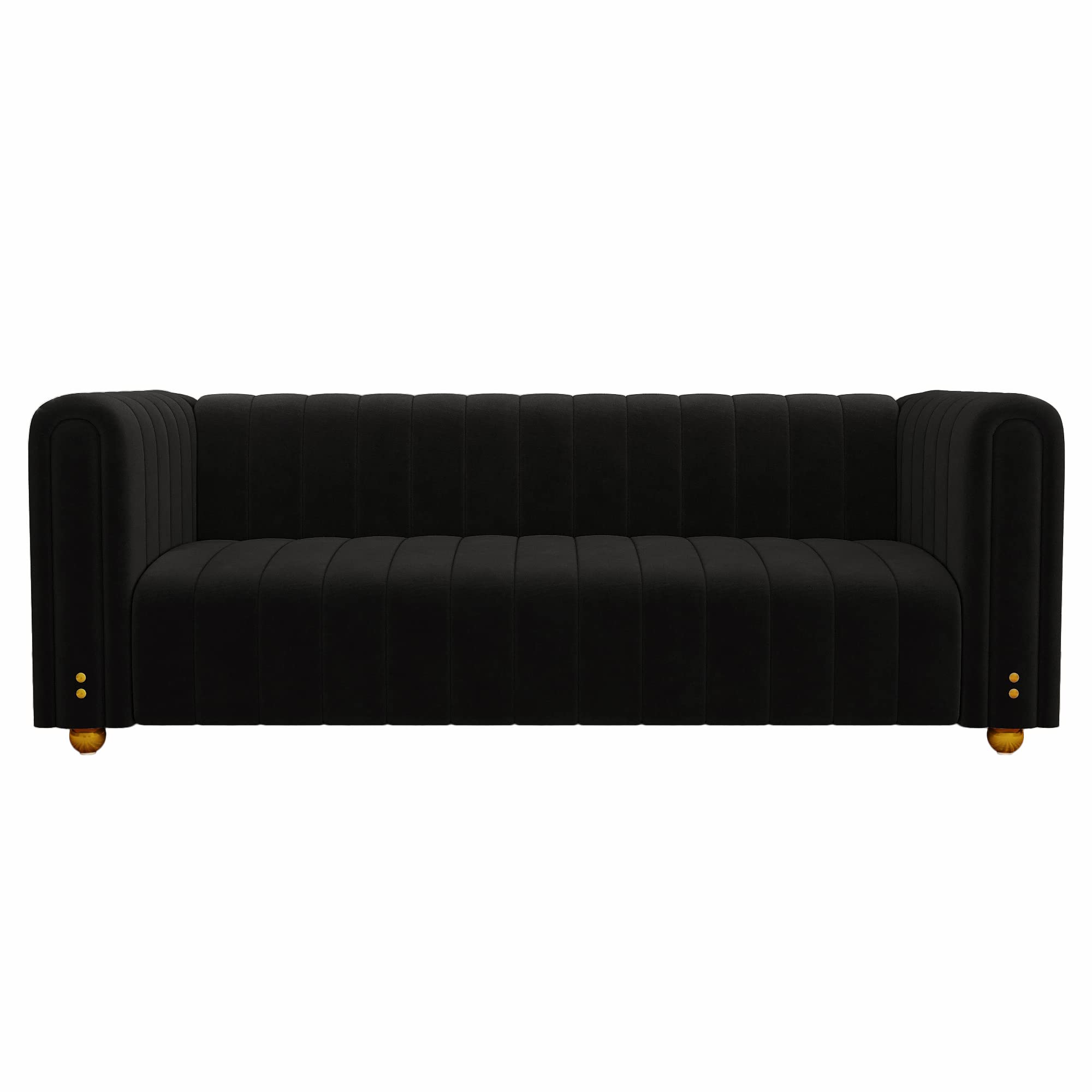 BuLaXong Velvet Couch Modern Tufted Sofa 3-Seater with Metal Ball Legs and Rounded armrest, Suitable for Living Room, Hotel, Office, or Apartment (01-black-51)