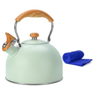 foedo tea kettle stovetop, 2.6 quart cute teapot,loud whistle kettle, food grade stainless steel with fold wood grain handle, mint green,with anti scald towel