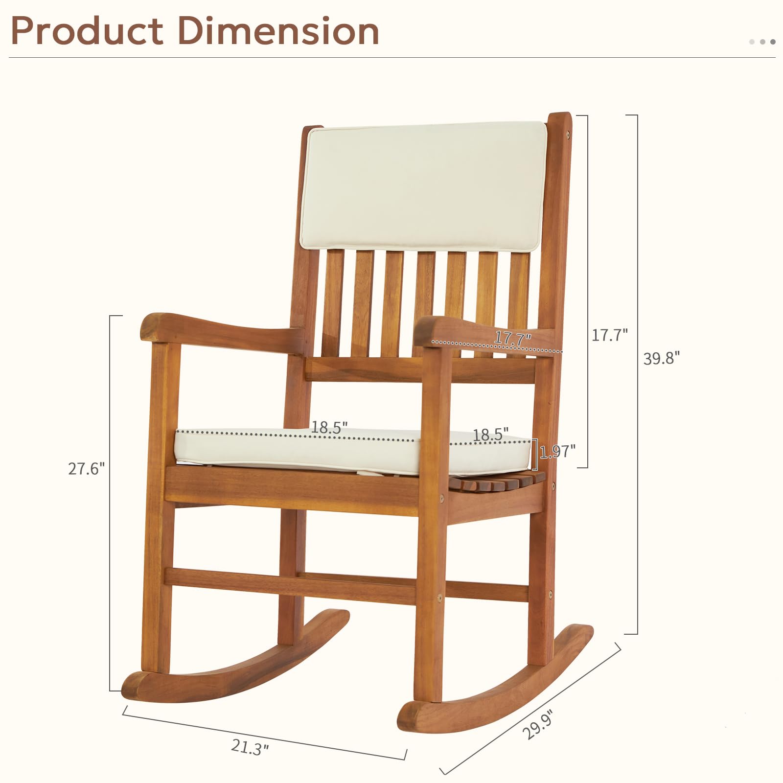 VINGLI Acacia Outdoor Rocking Chair with Cushions, Wooden Rocker Support 550 LBS for Indoors & Outdoors, 1 Pack