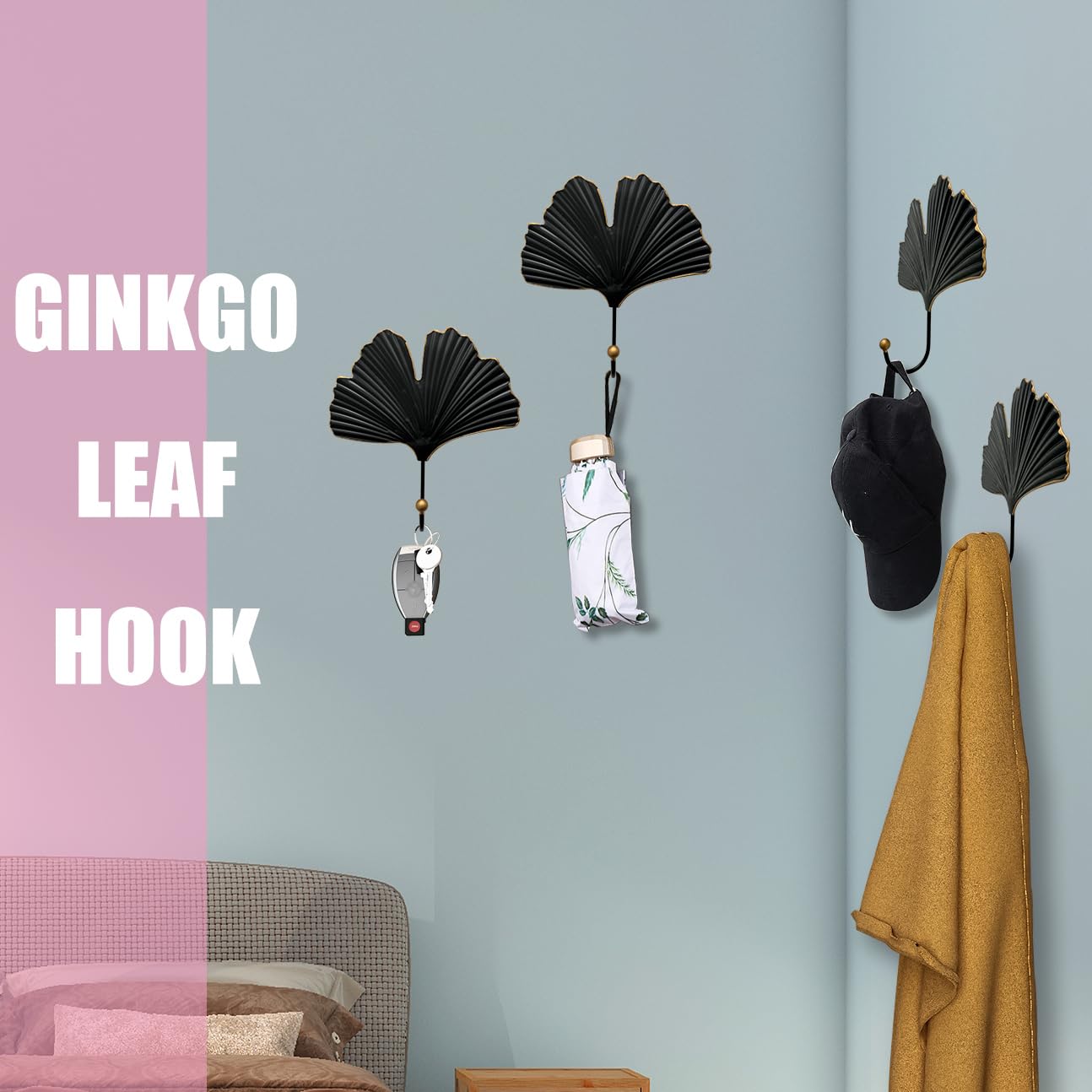 jomajo Iron Single Hooks Modern Leaf Decoration Style for Room Wall Mounted Decoration, Coats, Hats, Handbags Scarves Hanging, Home Decor 2pcs (6in Black)