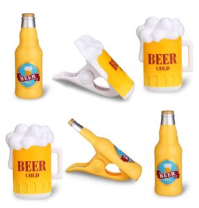 scnwq beach towel clips - 6pc stylish towel holders for beach chairs, beer design pool chair clips - cruise essentials for beach vacations to keep your towels secure from blowing away