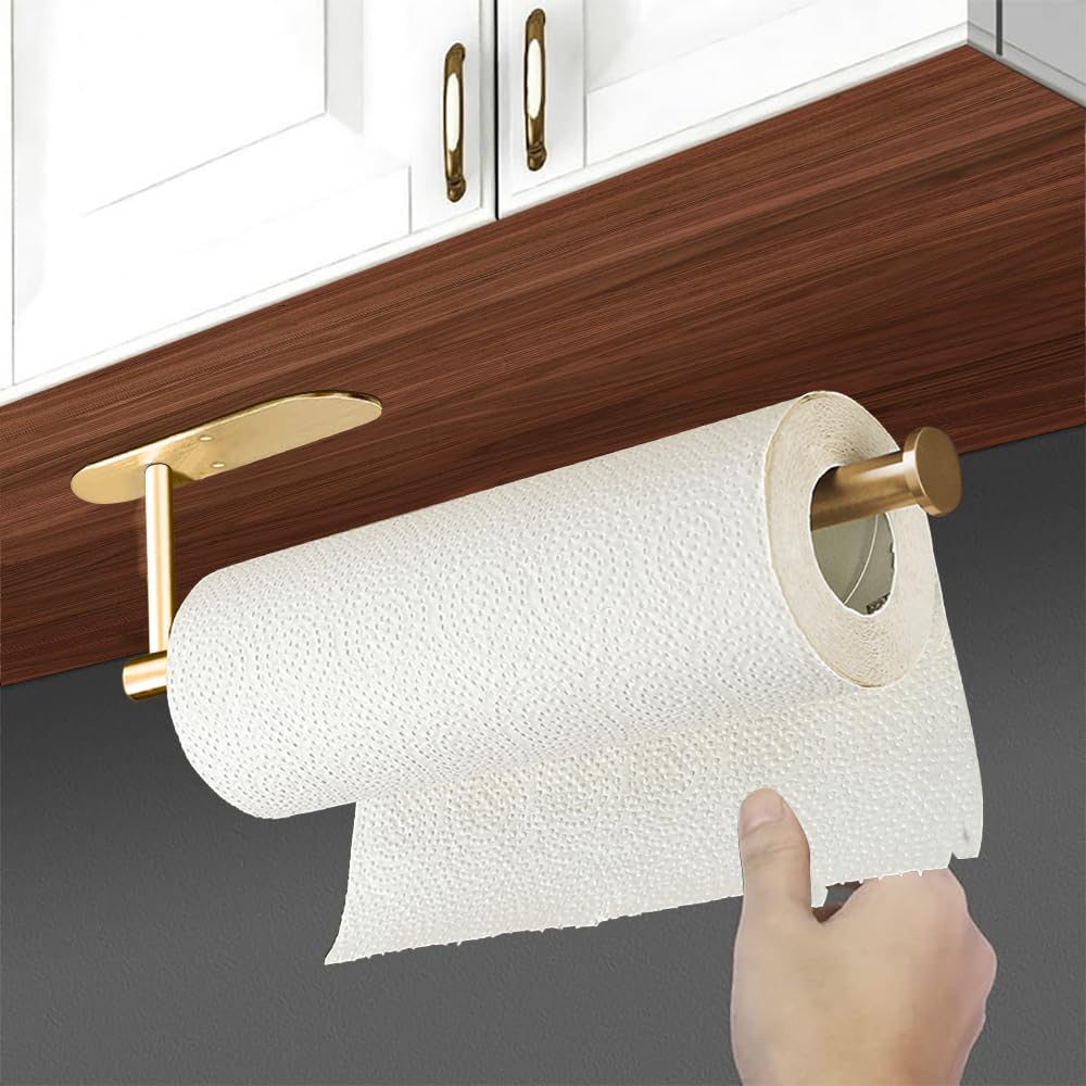 Fliverly Self Adhesive Paper Towel Holder Under Cabinet Mount, Wall Mounted Paper Towel Roll Holder for Kitchen, Bathroom, Wall,BBQ Grill, Gold