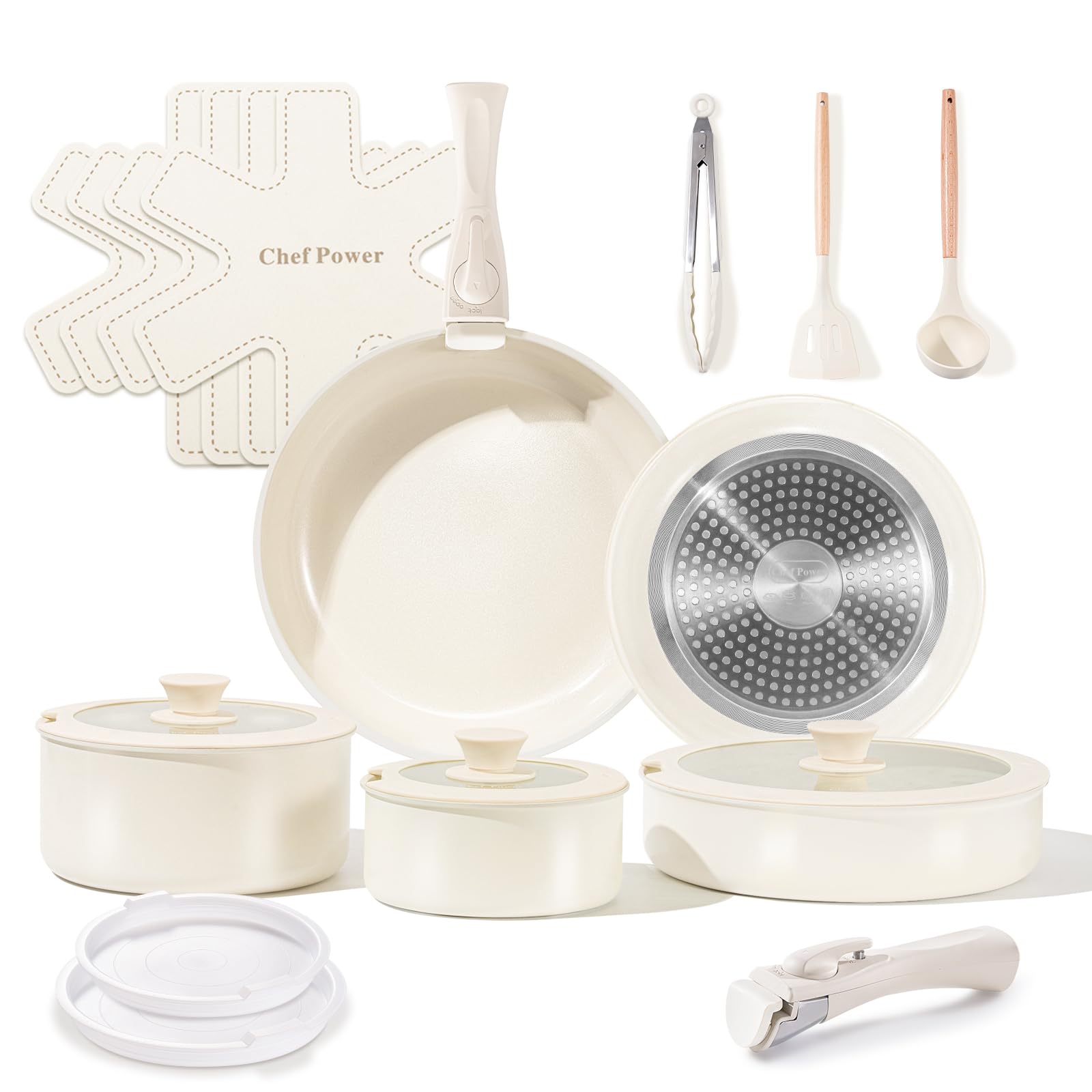 Chef Power Ceramic Cookware Set with Detachable Handles, Healthy Nonstick Pans and Pots Set 19 Pcs, Induction Dishwasher Oven Safe Kitchen Set, PFAS PFOA & PTFE Free, Cream White