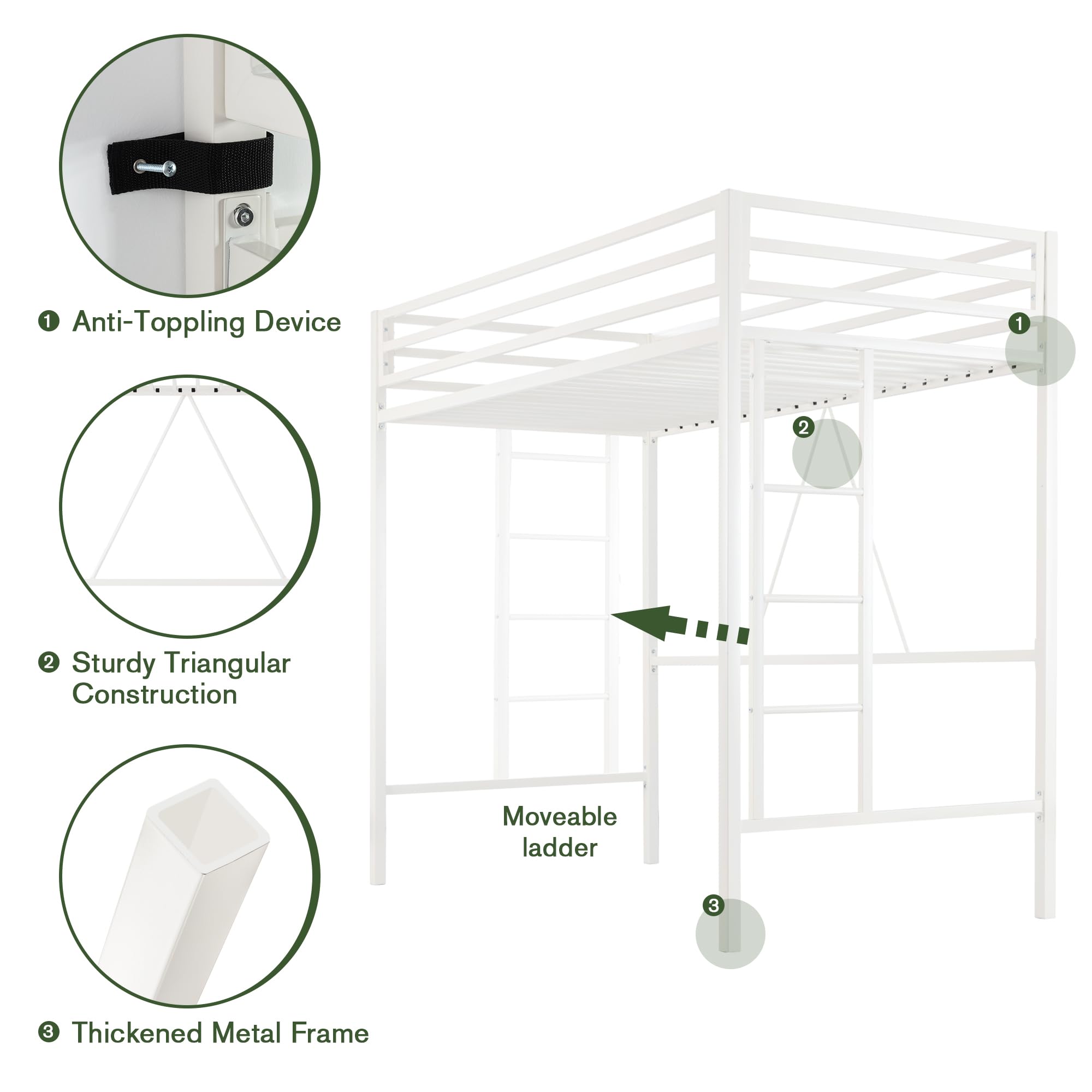 MUTICOR Loft Bed Frame for Juniors&Adults, Metal Loft Bed Twin Size with Safety Guardrail&Removable Ladder, Space-Saving, Noise Free, Cream White