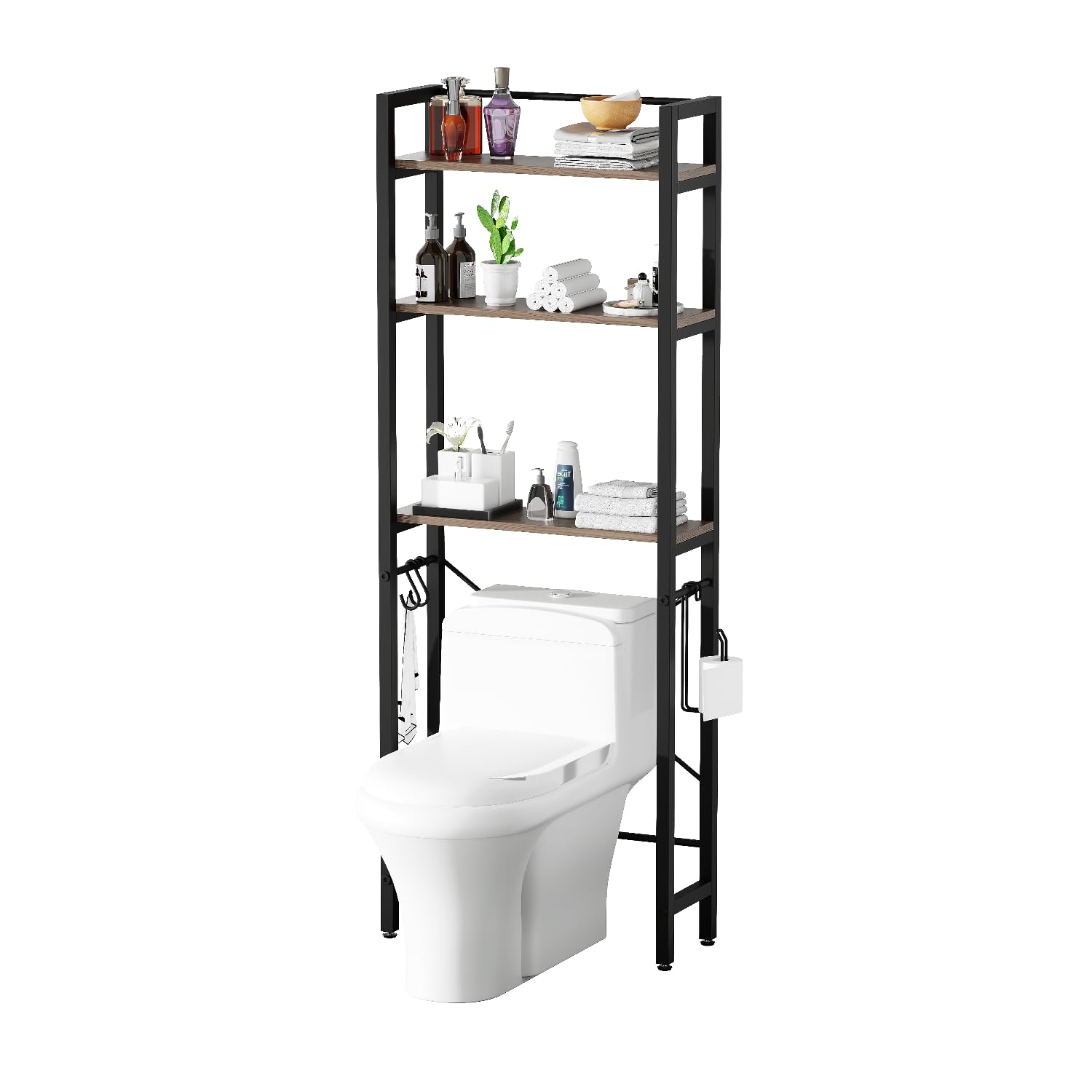 BEWISHOME Over The Toilet Storage, 3-Tier Bathroom Over Toilet Shelves with Hooks, Over Toilet Organizer, Above Toilet Shelf Rack Space Saver for Bathroom Washroom Balcony, Greige and Black YMJ02H