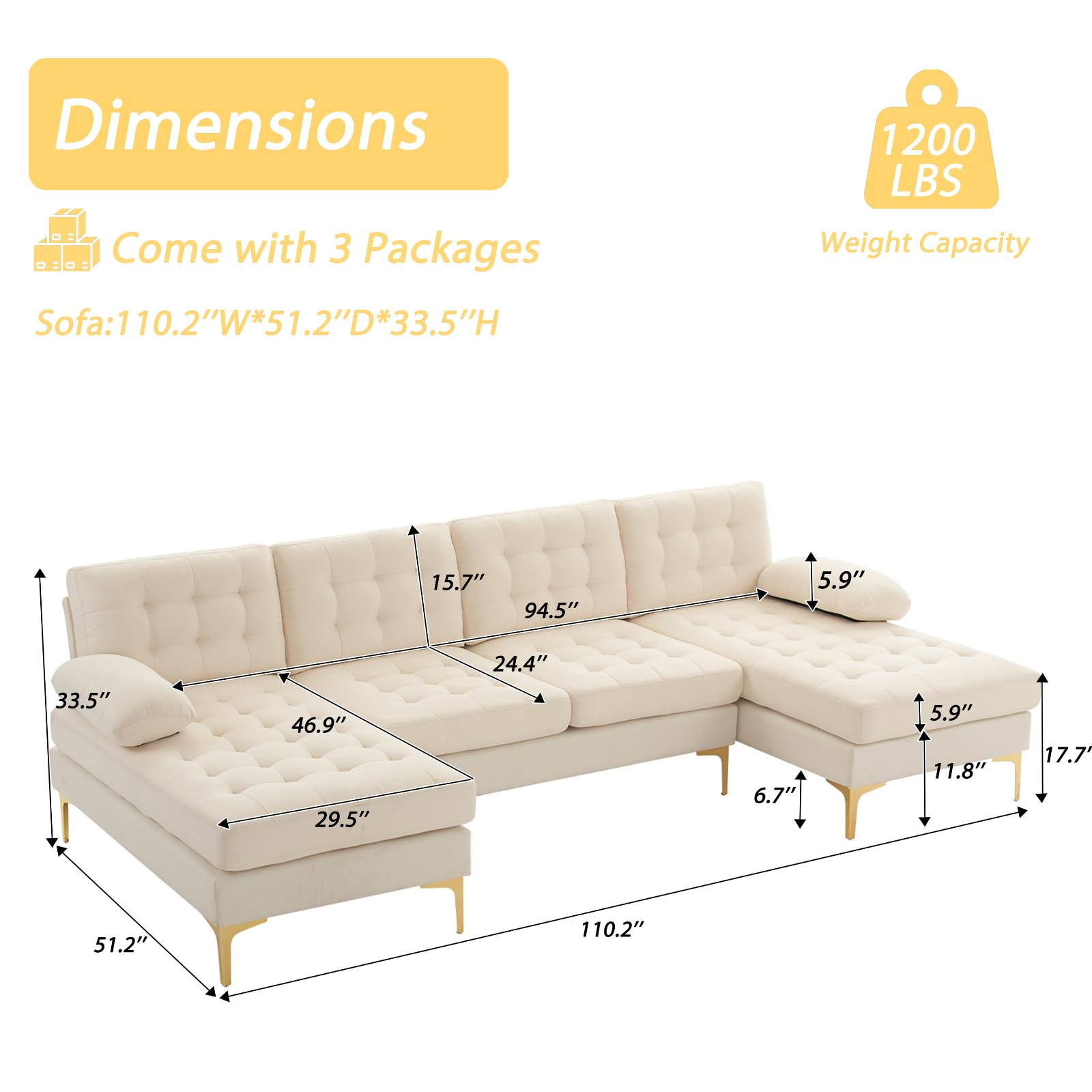 Artisasset Sectional Sofa Couch U-Shape 110" Sectional Sofa Linen Fabric Lattice Decored Sofa Set with Double Chaise for Living Room, Studio, Office, Apartment, Beige