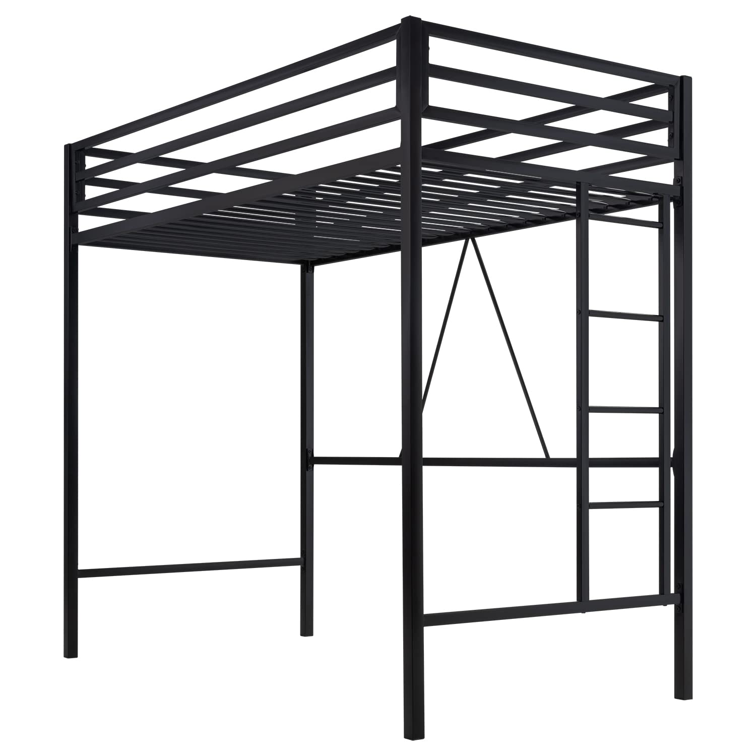 MUTICOR Loft Bed Frame for Juniors&Adults, Metal Loft Bed Twin Size with Safety Guardrail&Removable Ladder, Space-Saving, Noise Free, Matte Black