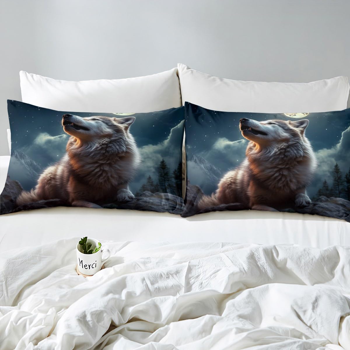 Feelyou Wolf Bedding Set Queen Size, Wolf Animal Duvet Cover Kids Boys Girls Wild Wolf Comforter Cover Kids Wolf Bedspread Cover Soft Quilt Cover 3Pcs(No Comforter)