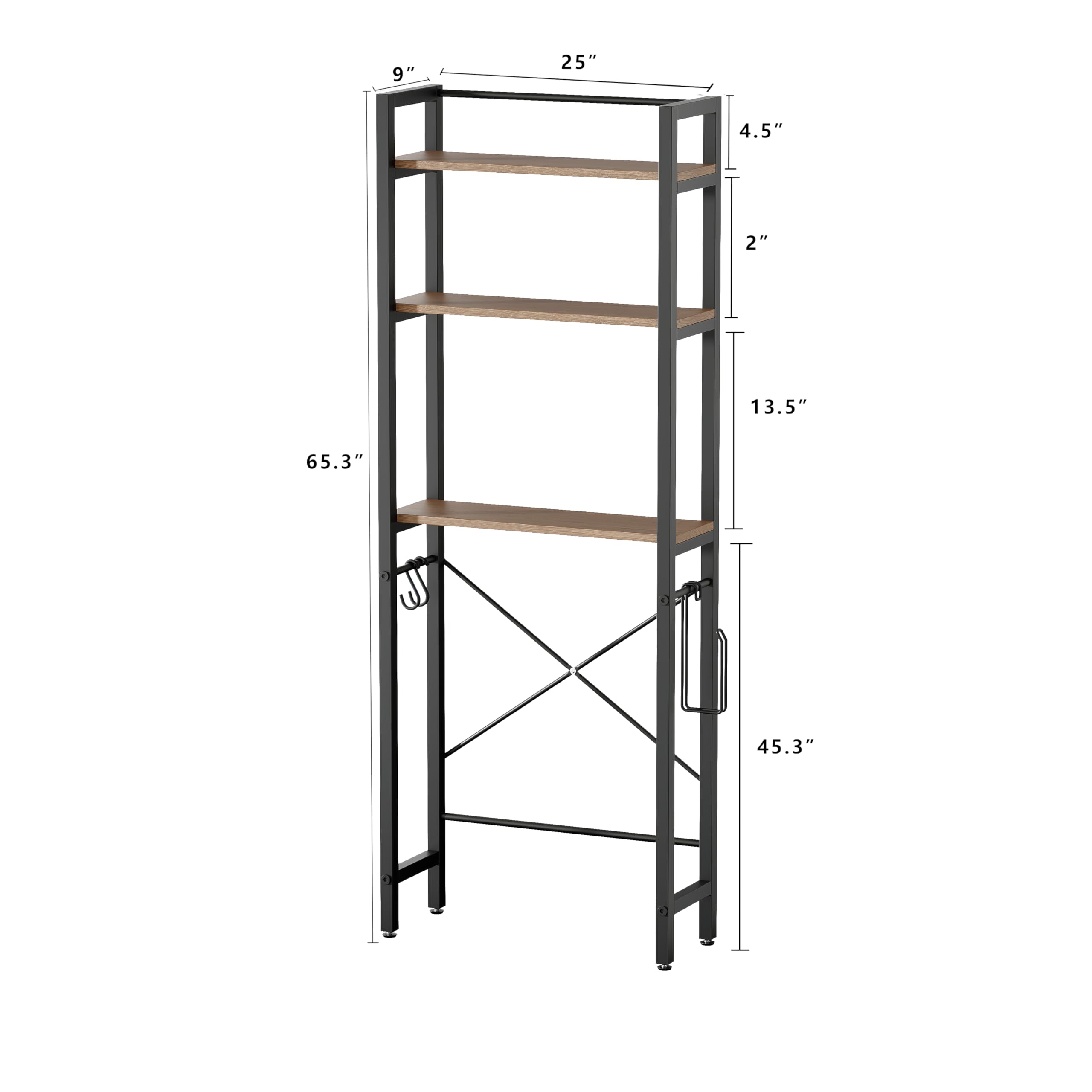 BEWISHOME Over The Toilet Storage, 3-Tier Bathroom Over Toilet Shelves with Hooks, Over Toilet Organizer, Above Toilet Shelf Rack Space Saver for Bathroom Washroom Balcony, Greige and Black YMJ02H